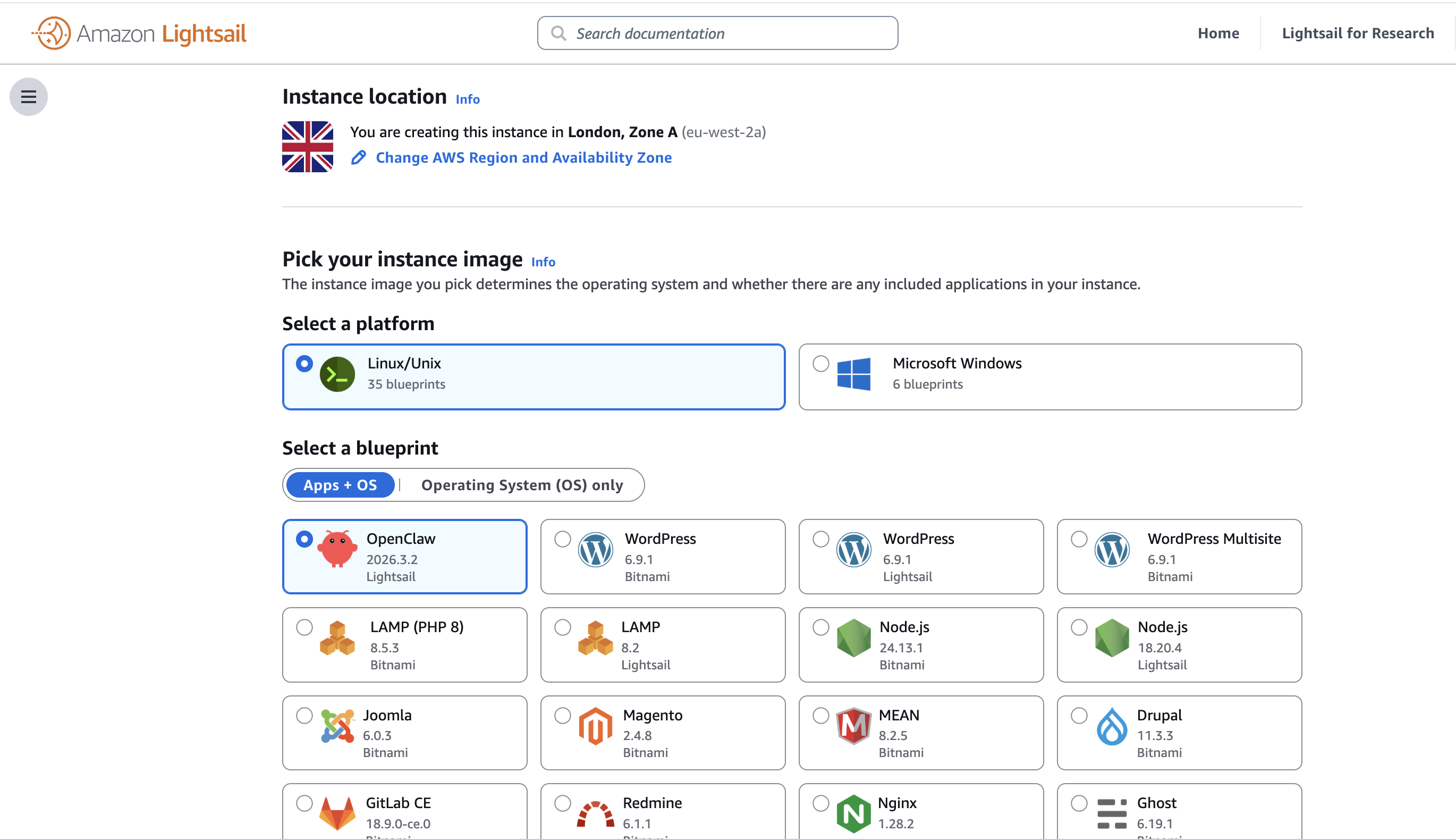 Create instance — select OpenClaw blueprint