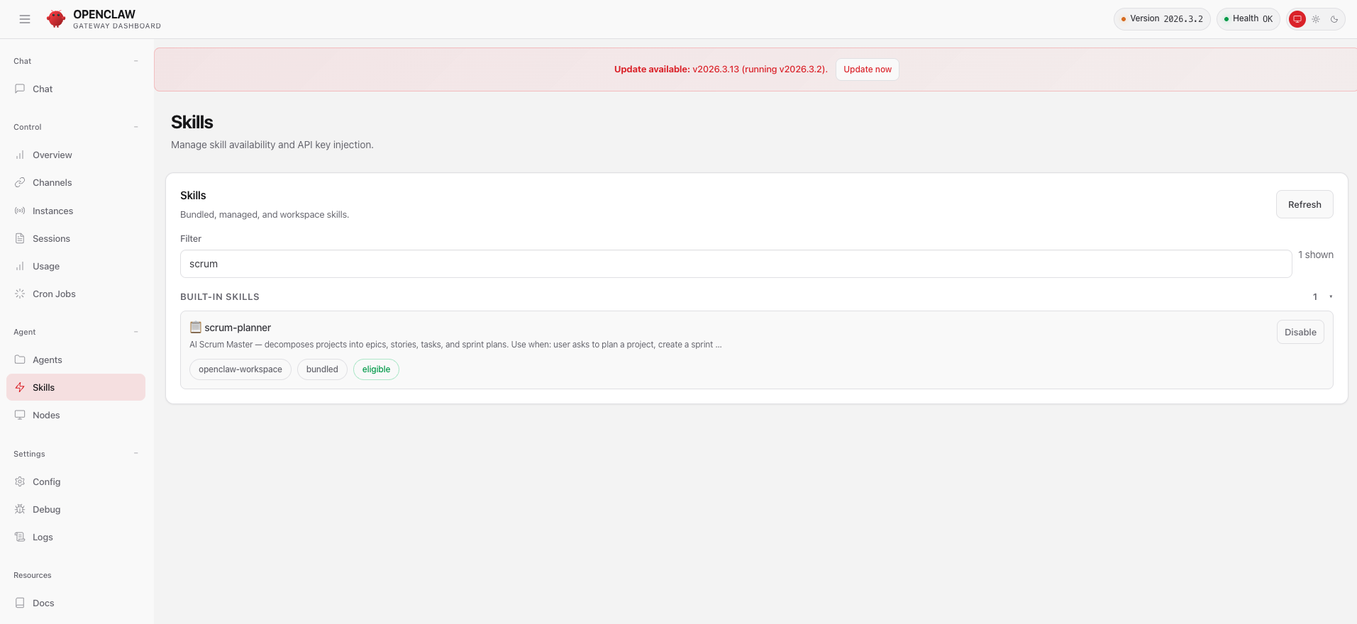 Skill visible in OpenClaw dashboard