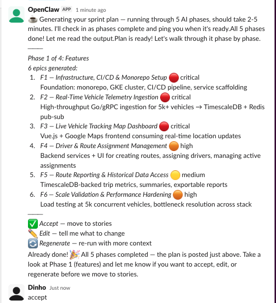 Slack conversation — output message