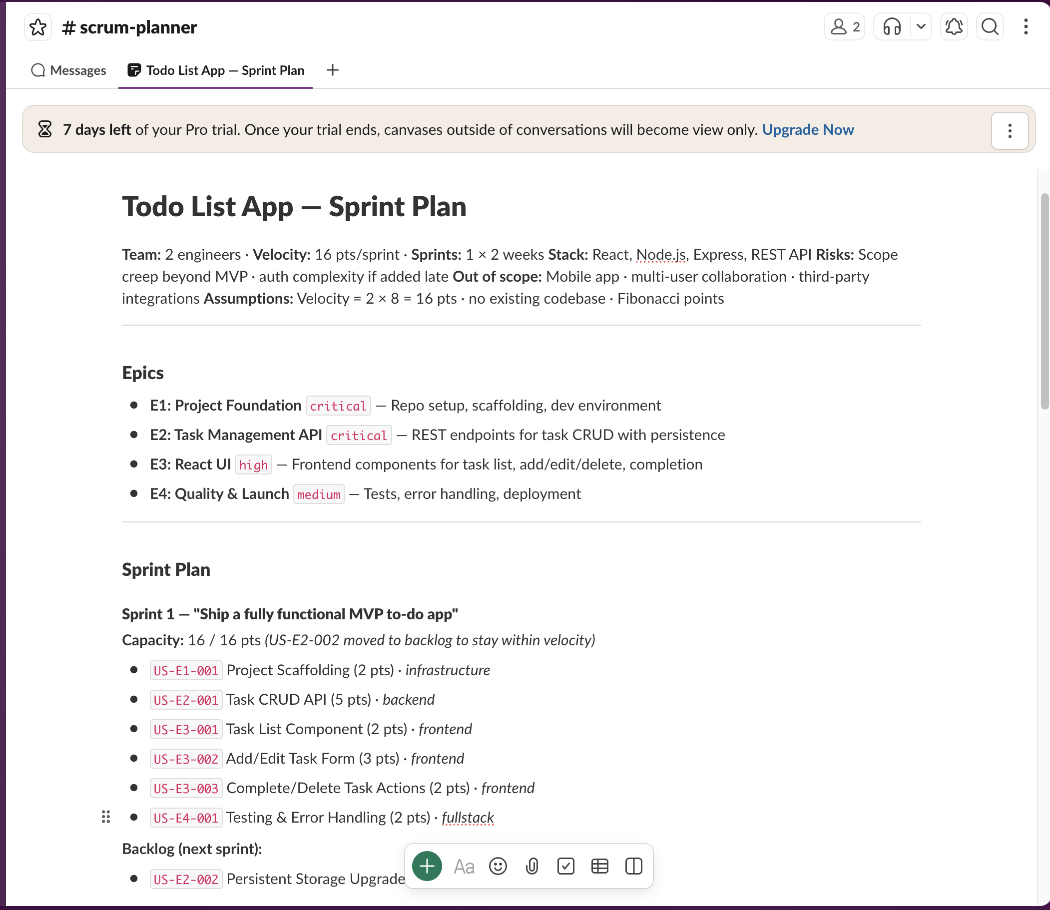 Slack conversation — output canvas